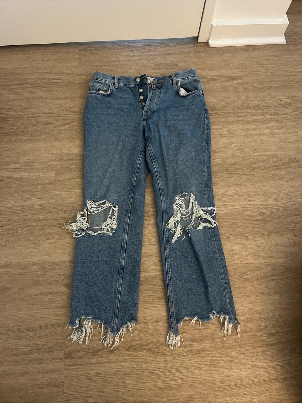 Free People Distressed Blue Wide Leg Jeans